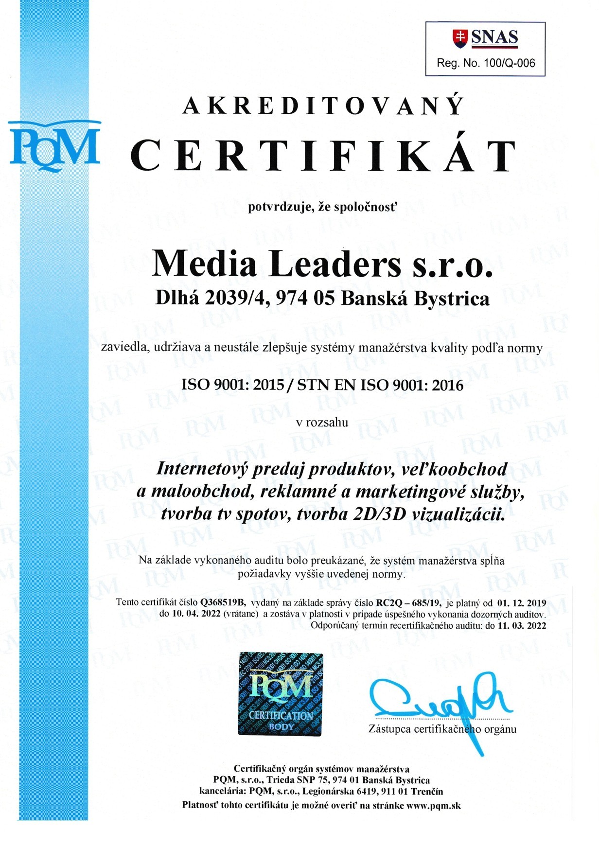 شهادة ISO 9001 لقادة الإعلام sro