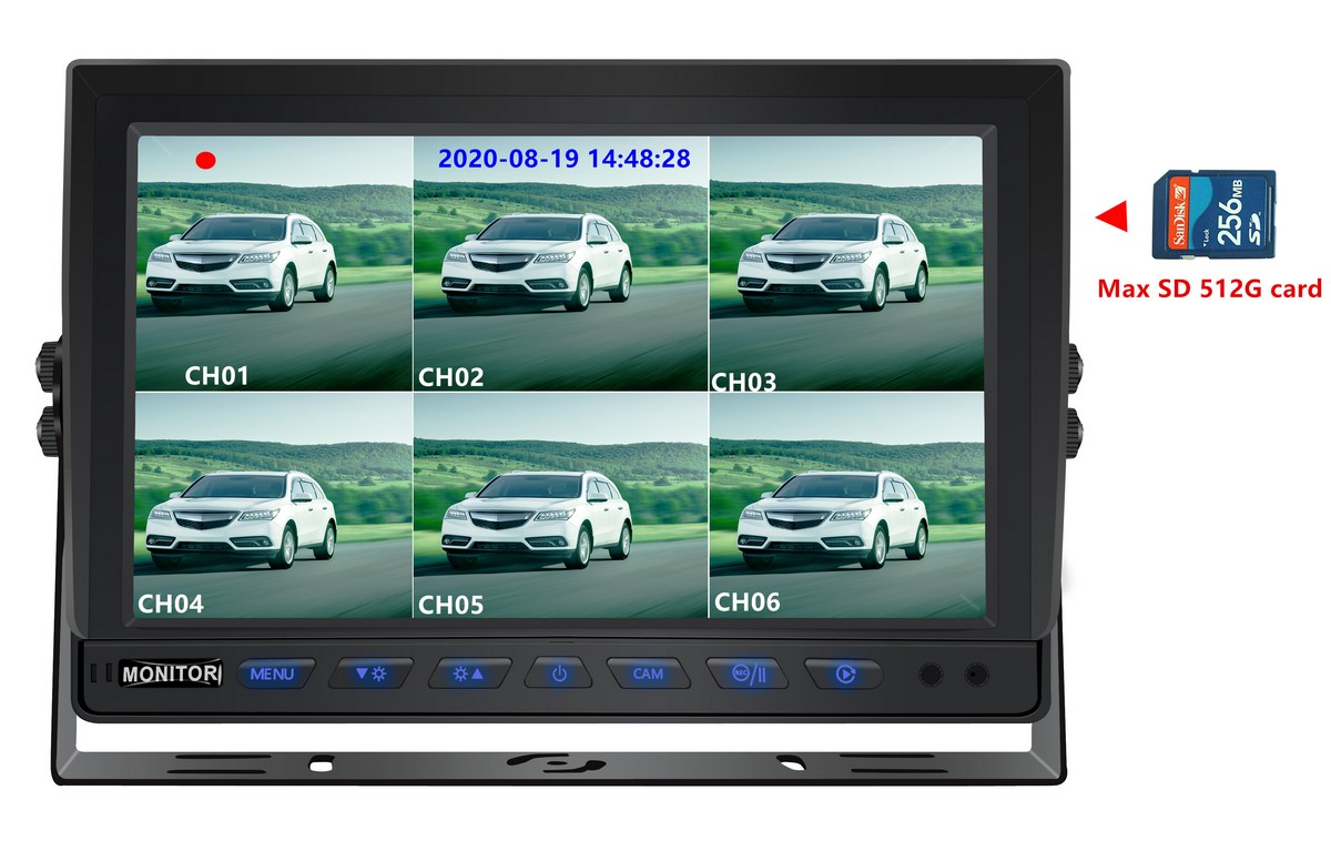 شاشة خلفية مقاس 10 بوصات مزودة ببطاقة SD تدعم 8 كاميرات