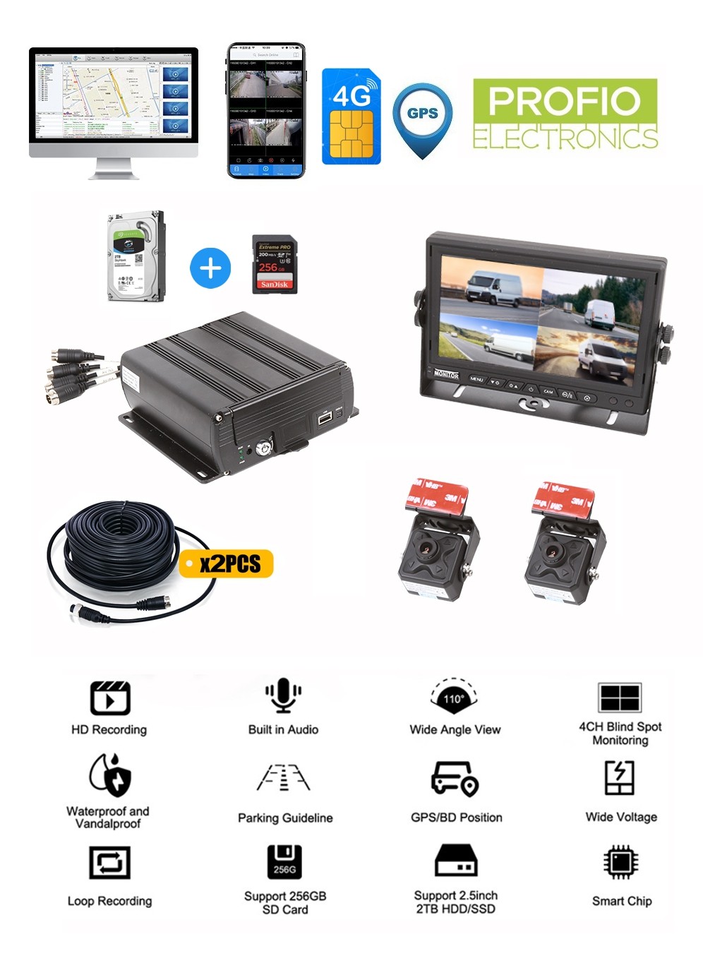 جهاز تسجيل فيديو رقمي للسيارات مراقبة حية وتسجيل 4 كاميرات ودعم شريحة اتصال 4G
