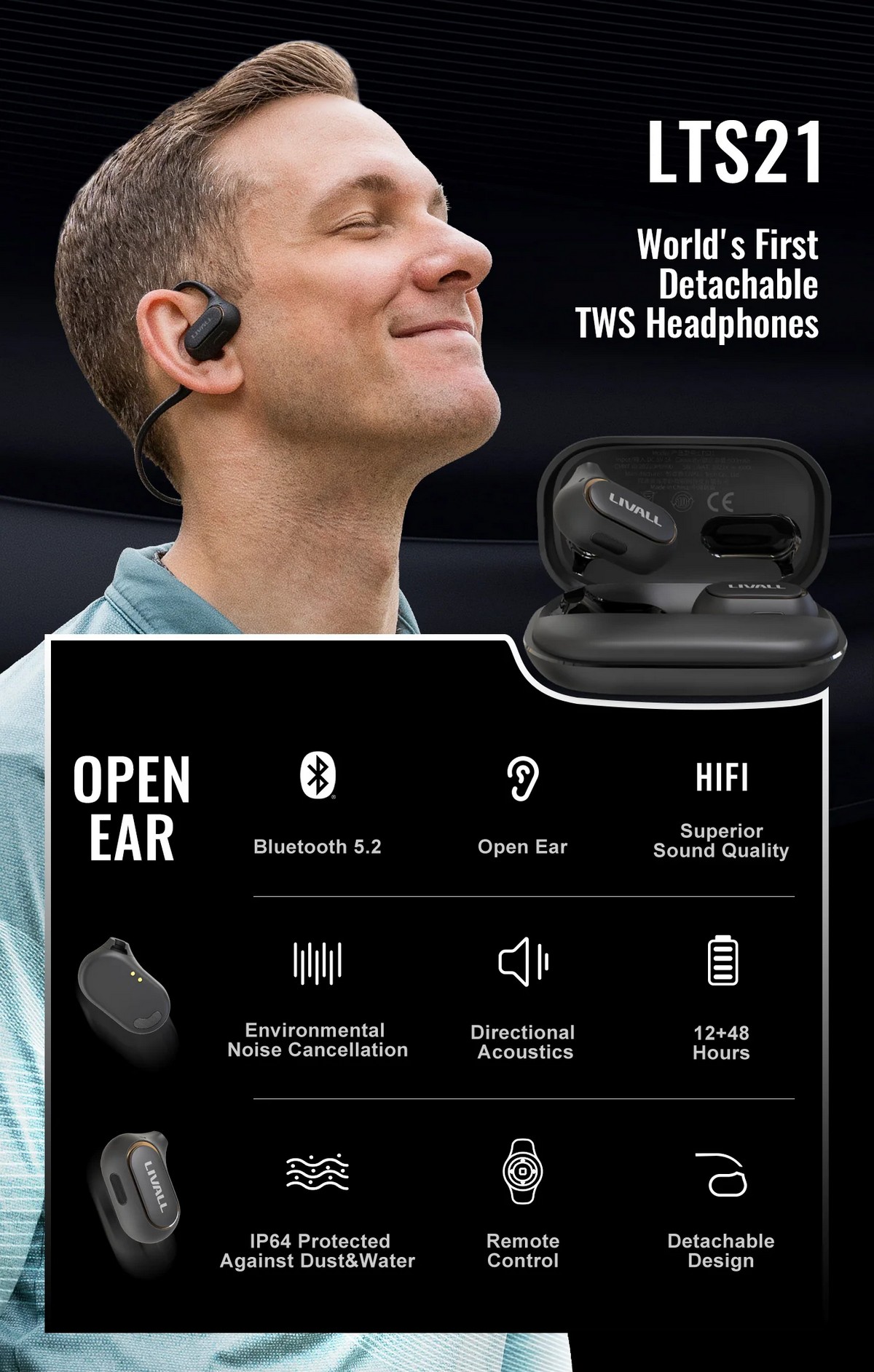 سماعات رأس لاسلكية رياضية مزودة بتقنية البلوتوث - تصميم مفتوح الأذن قابل للفصل