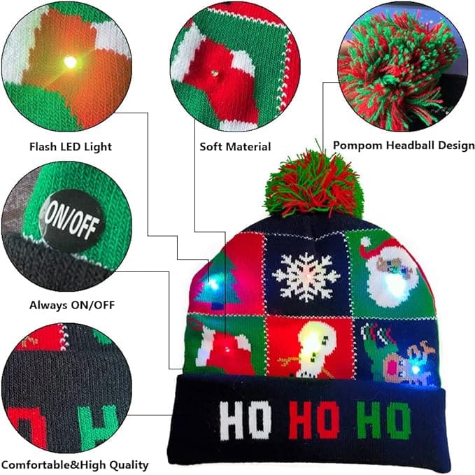 قبعات شتوية لفصل الشتاء مع كرة بوم بوم ومصابيح LED متوهجة