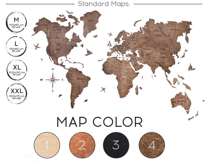 خريطة العالم خشبية لون البلوط