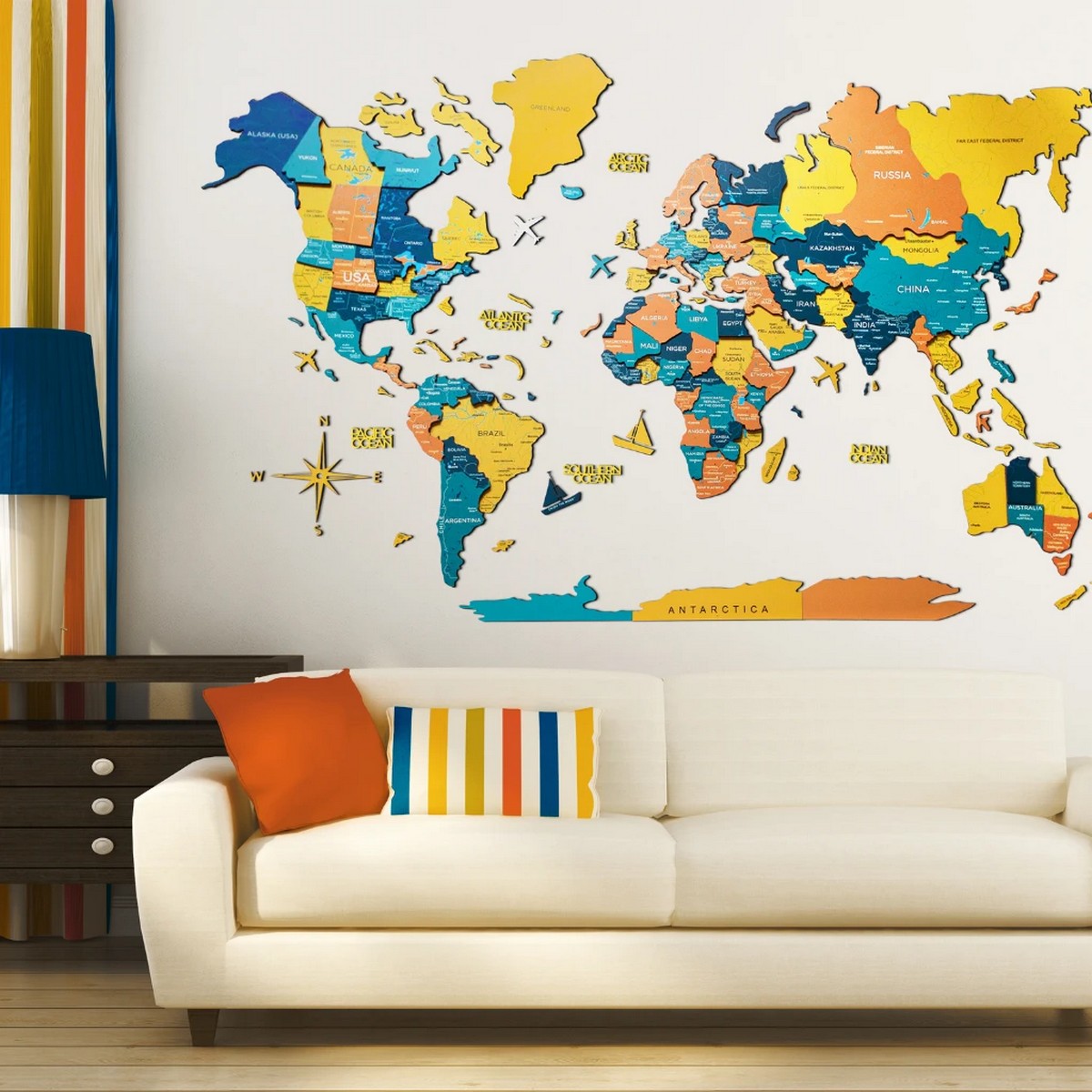 خريطة ملونة على جدار خشبي ثلاثي الأبعاد