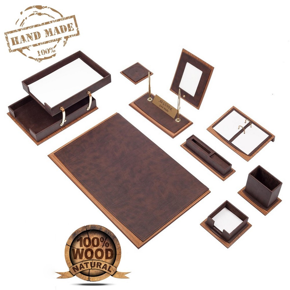 طقم طاولة مكتب - طقم مكتب فاخر 11 قطعة (خشب + جلد) | Cool Mania