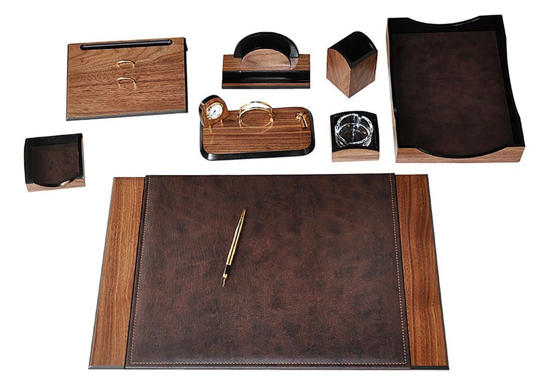 ملحقات المكتب - طقم طاولة مكتب من الجلد والخشب