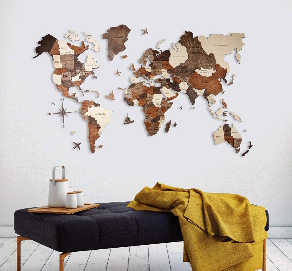 خرائط العالم الخشبية ثلاثية الأبعاد على الحائط