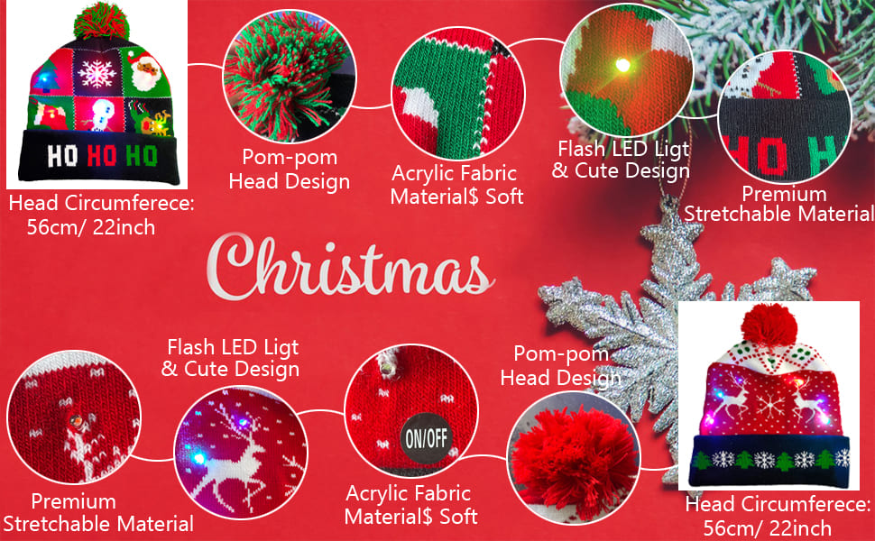 قبعات عيد الميلاد لفصل الشتاء بزخارف (تصاميم) مختلفة مضاءة بتقنية LED