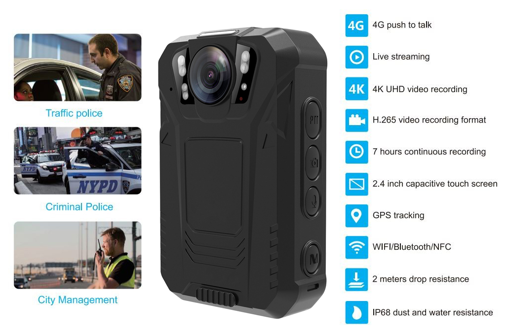 كاميرا يمكن حملها بالجسم للشرطة 4G كاميرا الجسم واي فاي بلوتوث PTT IP68 NFC