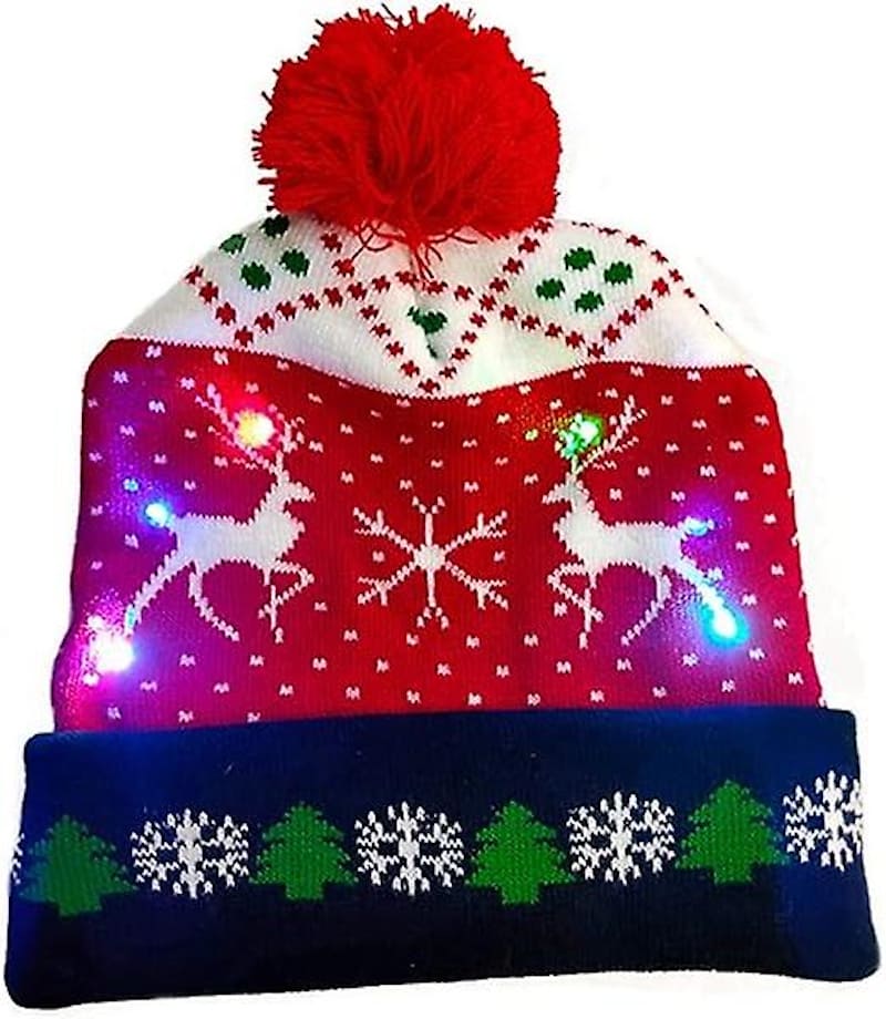 قبعة شتوية مع بوم بوم، عيد الميلاد المضيء بمصابيح LED - غزال عيد الميلاد